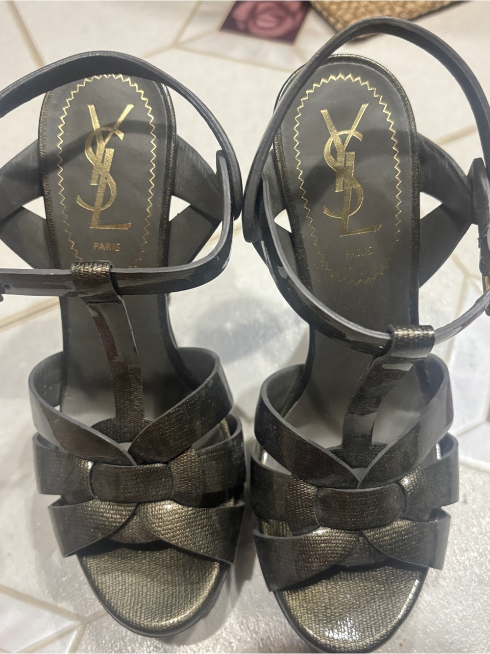 Yves Saint Laurent Metallic golden black Strappy Knot Heels